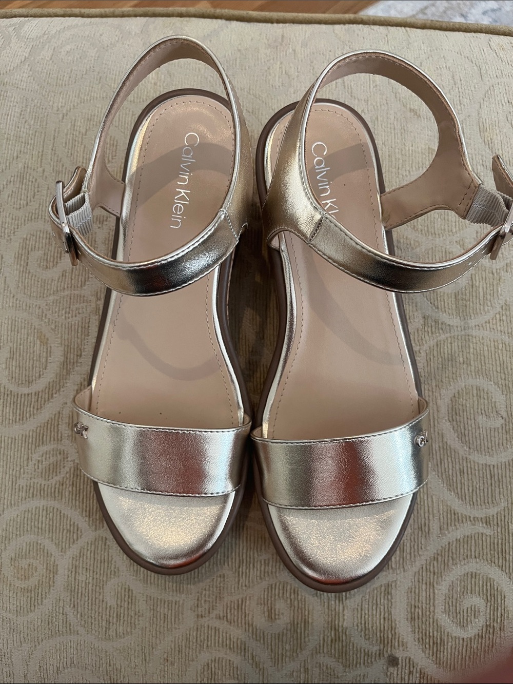 Calvin Klein Metallic Gold Open-Toe Slingback Cork Sandals 71/2
